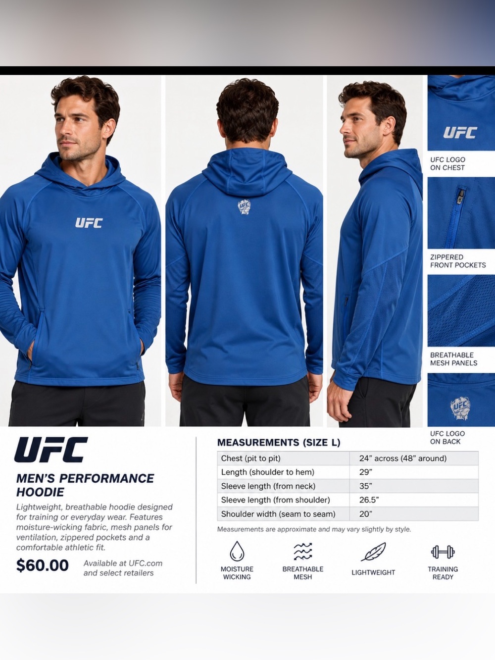 UFC Men's Royal Blue Performance Hoodie, Size L